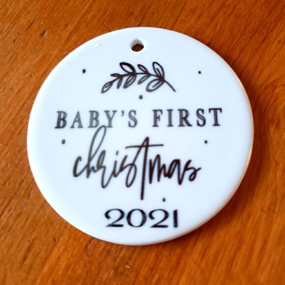 Mugs By Sandy Other - Baby's first Christmas, 3 inch white ceramic ornament